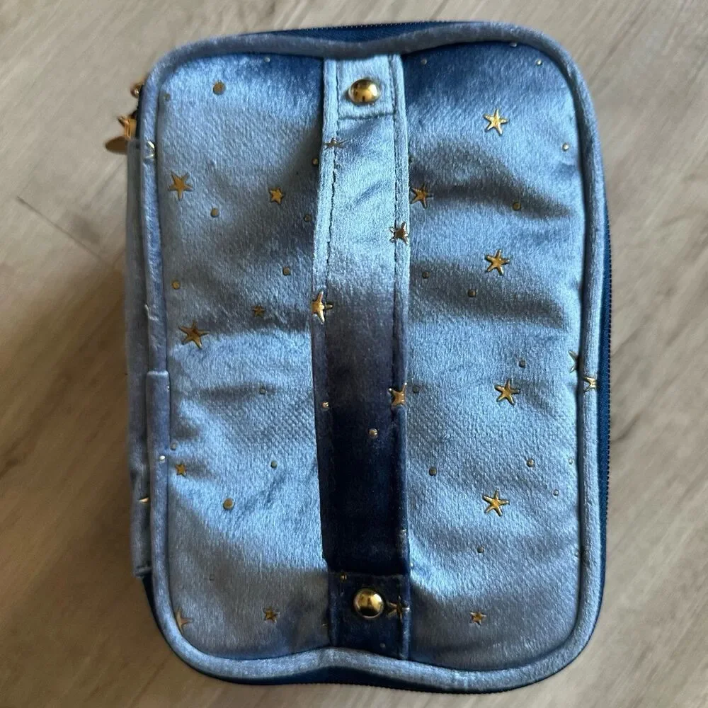 Smoky Blue Velour & Metallic Gold Stars Cosmetic Case Bag